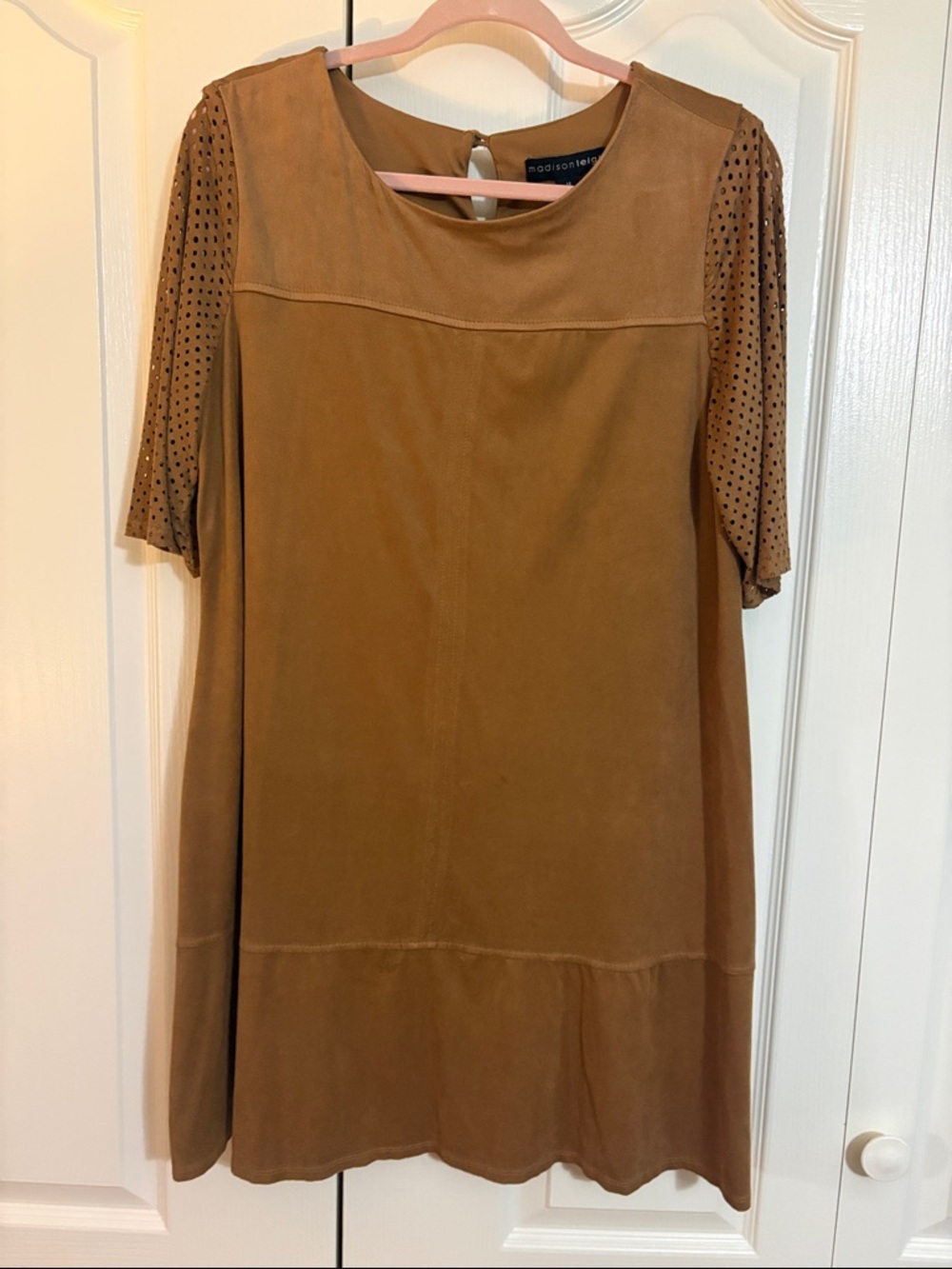Madison Leigh Tan Suede-Effect Dress with Perforated Short Sleeves, size 14